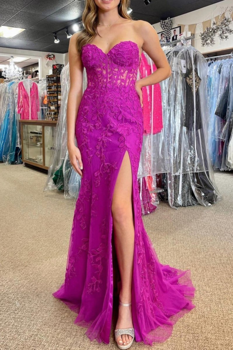 Mermaid Strapless Corset Lace Prom Dress with Slit