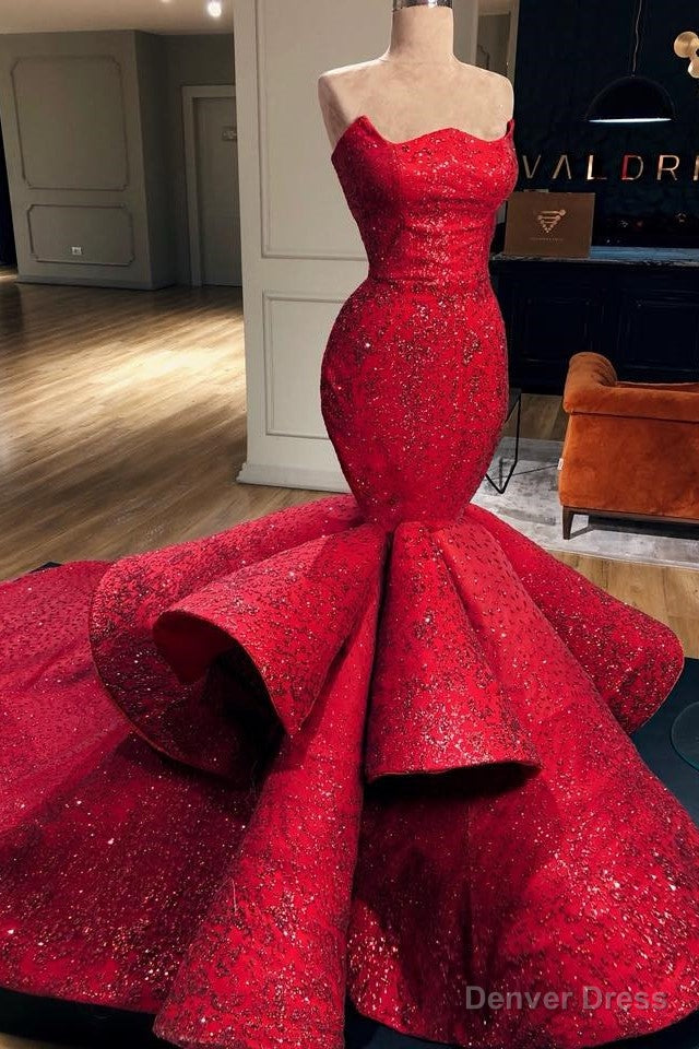 Mermaid Strapless Floor Length Chapel Paillette Prom Dresses Main image