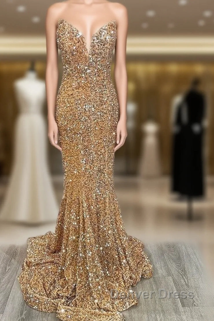 Mermaid Strapless Gold Sequin Prom Dresses Main image