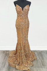Mermaid Strapless Gold Sequin Prom Dresses