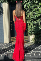 Mermaid Strapless Lace Prom Dresses With Appliques