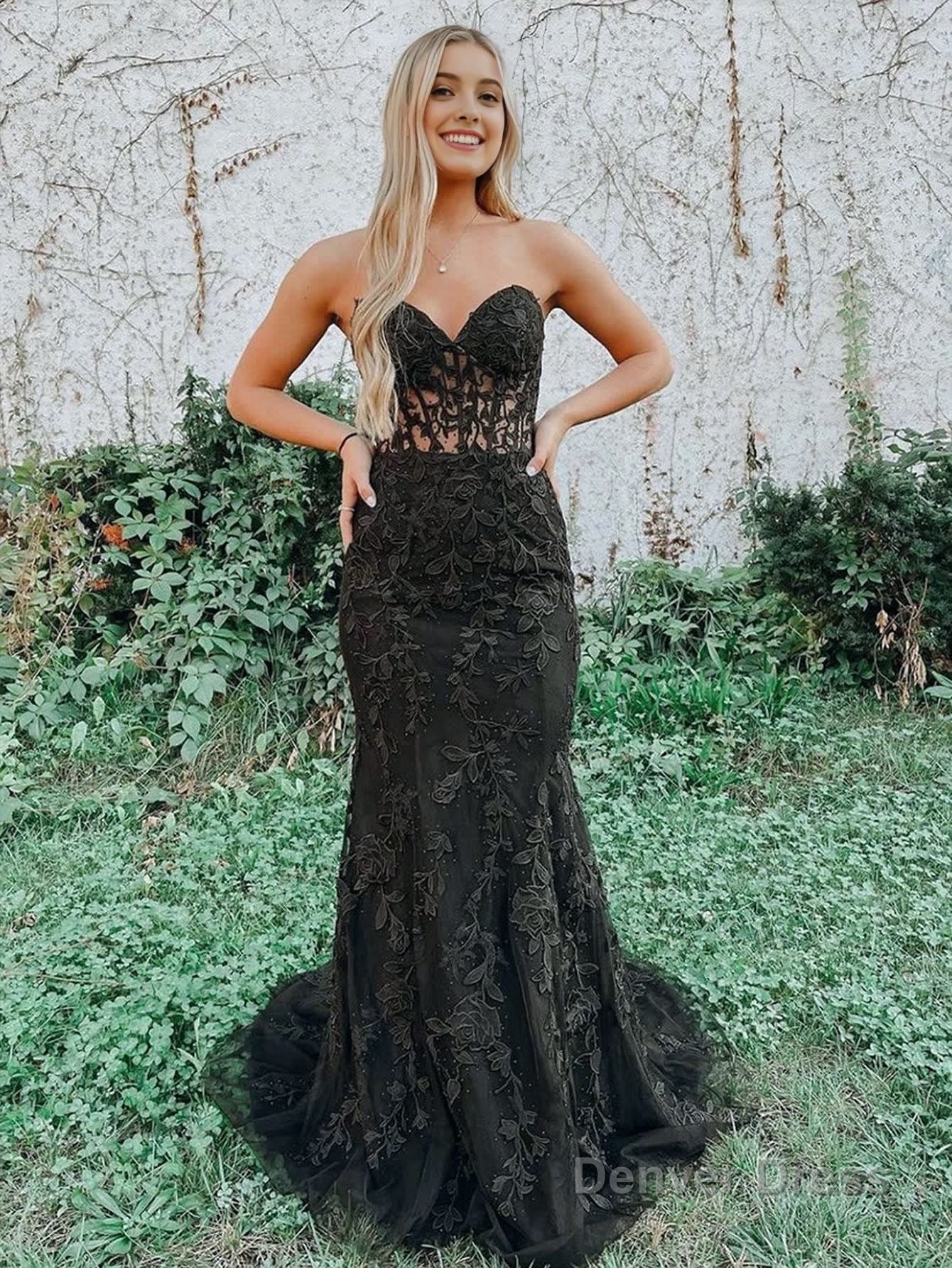 Mermaid Strapless Lace Prom Dresses With Appliques