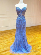 Mermaid Strapless Lace Prom Dresses With Appliques