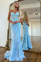 Mermaid Strapless Lace Prom Dresses With Appliques