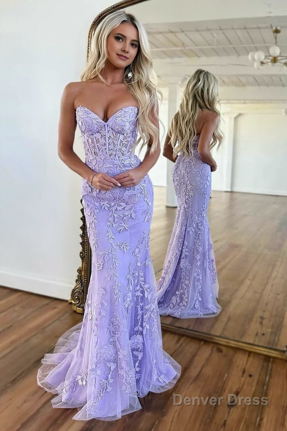 Mermaid Strapless Lace Prom Dresses With Appliques