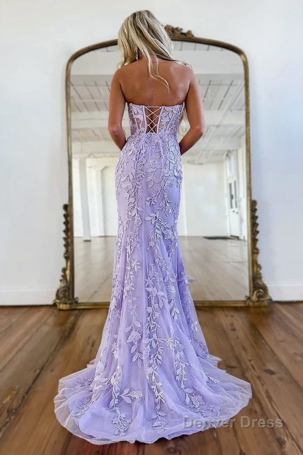 Mermaid Strapless Lace Prom Dresses With Appliques