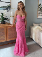 Mermaid Strapless Lace Prom Dresses With Appliques