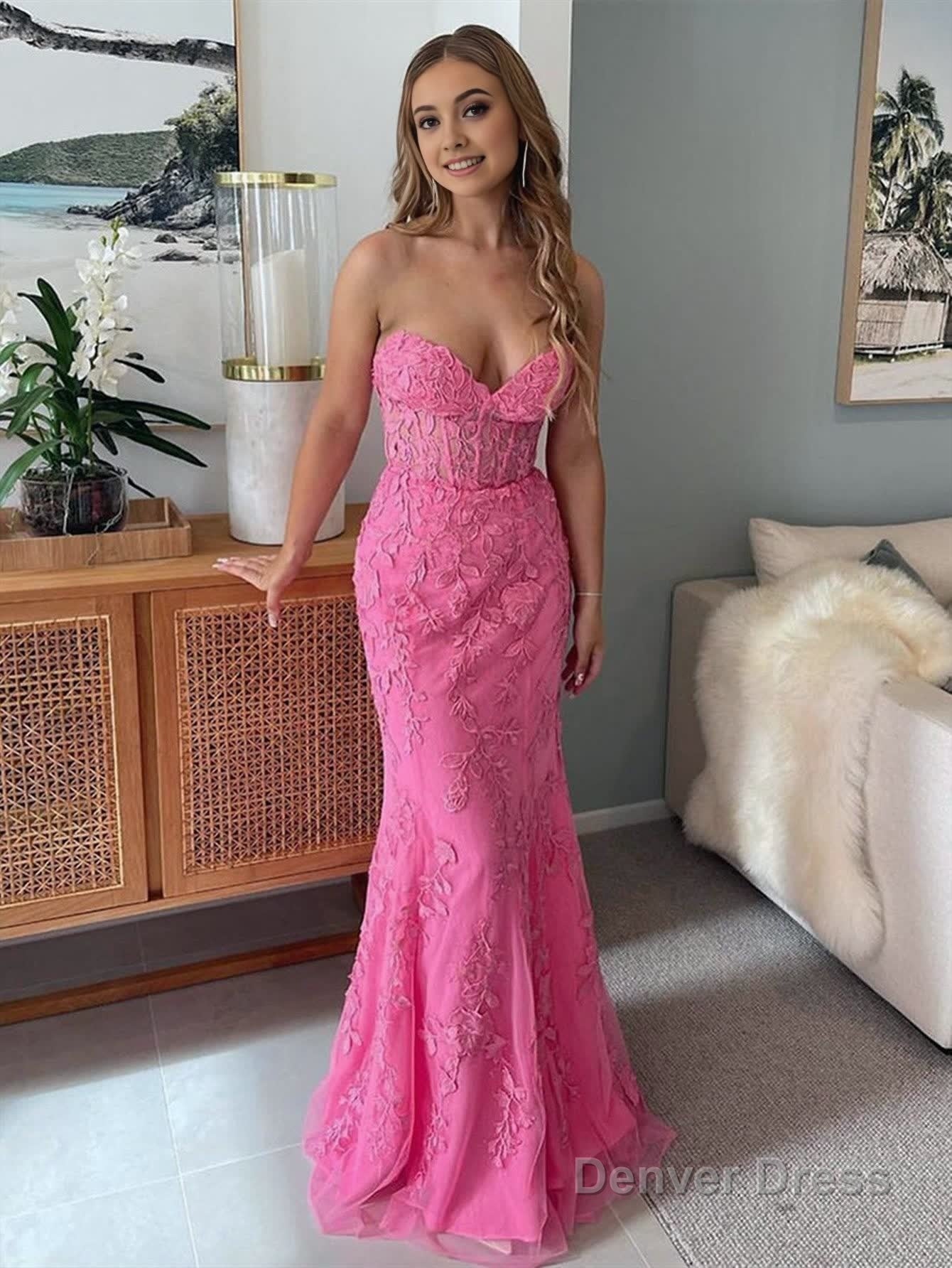 Mermaid Strapless Lace Prom Dresses With Appliques