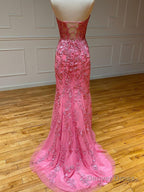 Mermaid Strapless Lace Prom Dresses With Appliques