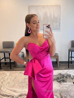 Mermaid Strapless Long Satin Prom Dresses with bow tie