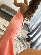 Mermaid Strapless Long Satin Prom Dresses with bow tie
