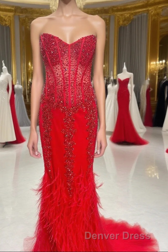 Mermaid Strapless Sequin-Embroidered Long Prom Dresses with Feathers Main image