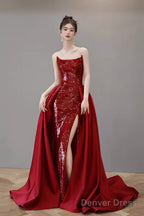 Mermaid Strapless Sequin Red Prom Dresses Long Evening Dress