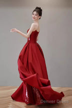 Mermaid Strapless Sequin Red Prom Dresses Long Evening Dress