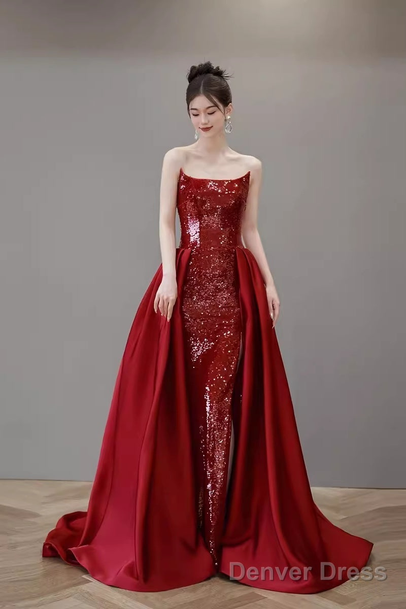 Mermaid Strapless Sequin Red Prom Dresses Long Evening Dress Main image