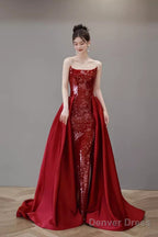 Mermaid Strapless Sequin Red Prom Dresses Long Evening Dress