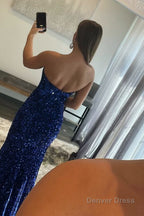 Mermaid Strapless Sequins Long Prom Dresses with Slit