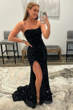 Mermaid Strapless Sequins Long Prom Dresses with Slit