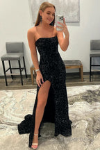 Mermaid Strapless Sequins Long Prom Dresses with Slit