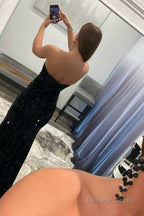 Mermaid Strapless Sequins Long Prom Dresses with Slit