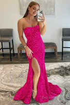 Mermaid Strapless Sequins Long Prom Dresses with Slit