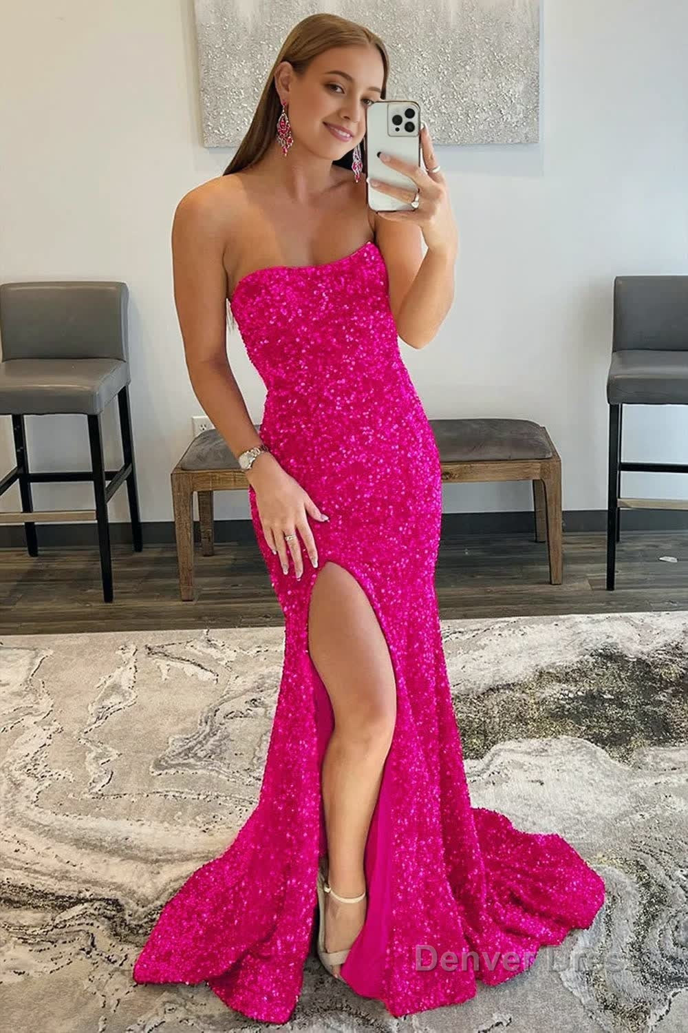 Mermaid Strapless Sequins Long Prom Dresses with Slit