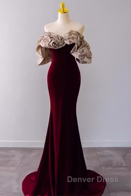 Mermaid Strapless Wine Red Long Prom Dresses