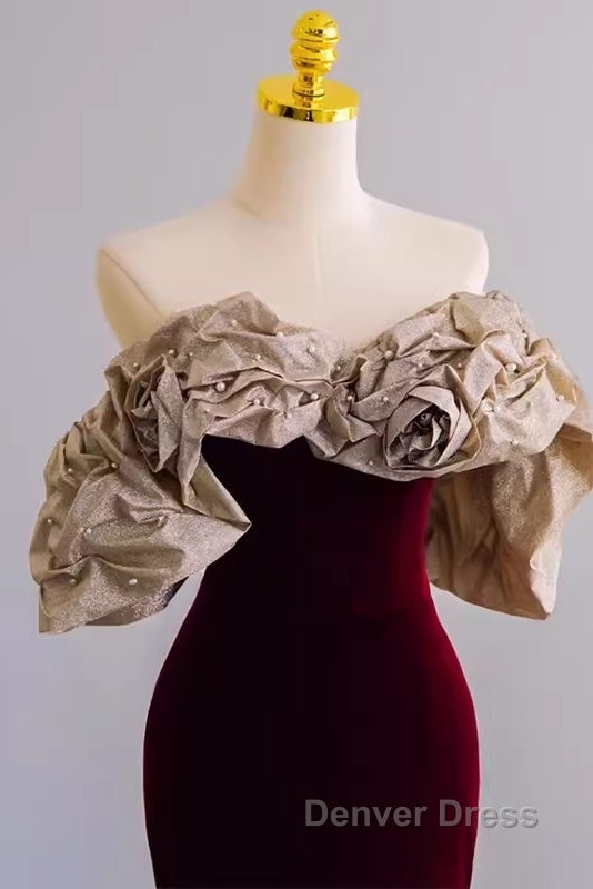 Mermaid Strapless Wine Red Long Prom Dresses