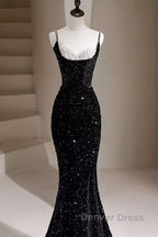 Mermaid Straps Long Black Sequin Prom Dresses