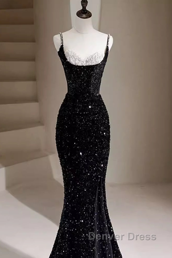 Mermaid Straps Long Black Sequin Prom Dresses