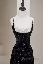 Mermaid Straps Long Black Sequin Prom Dresses