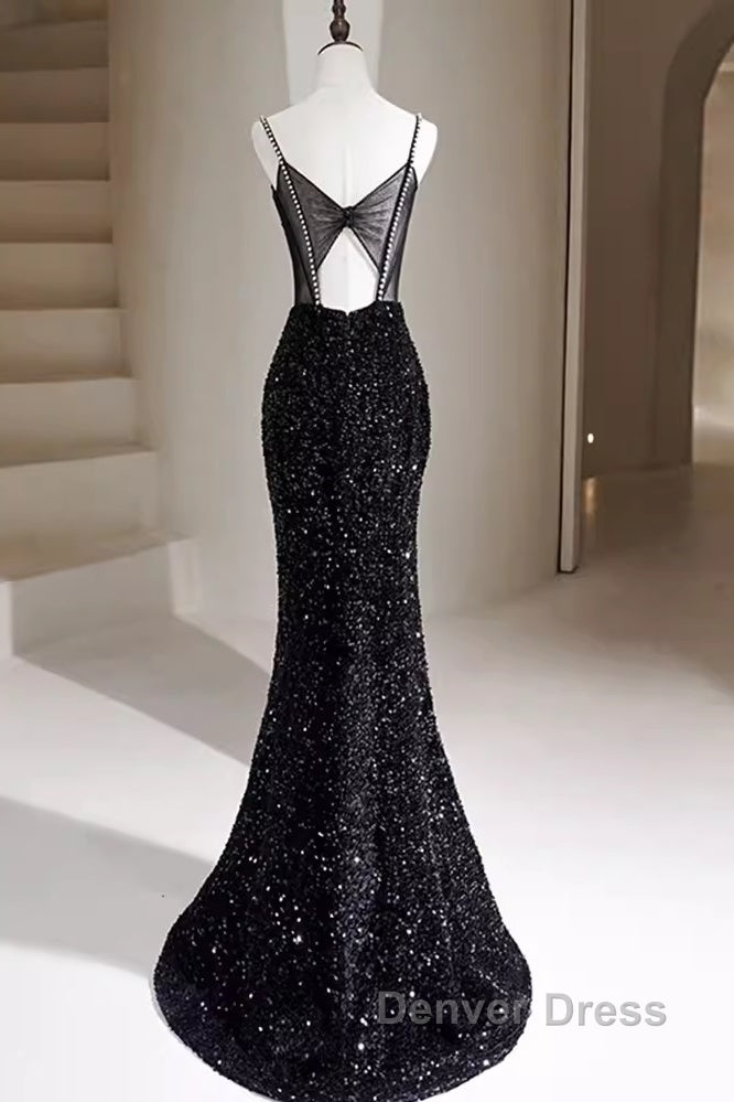Mermaid Straps Long Black Sequin Prom Dresses