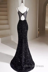 Mermaid Straps Long Black Sequin Prom Dresses