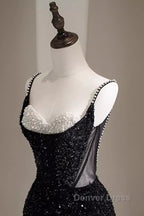 Mermaid Straps Long Black Sequin Prom Dresses
