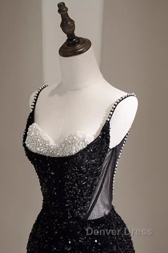 Mermaid Straps Long Black Sequin Prom Dresses