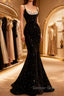 Mermaid Straps Long Black Sequin Prom Dresses