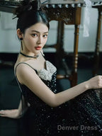 Mermaid Straps Long Black Sequin Slit Prom Dresses