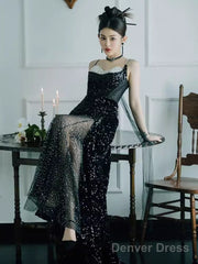 Mermaid Straps Long Black Sequin Slit Prom Dresses