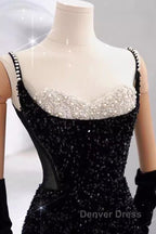 Mermaid Straps Sequin Black Backless Long Prom Dresses