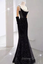 Mermaid Straps Sequin Black Backless Long Prom Dresses