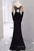 Mermaid Straps Sequin Black Backless Long Prom Dresses