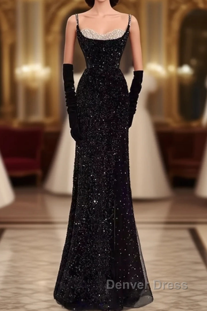 Mermaid Straps Sequin Black Backless Long Prom Dresses