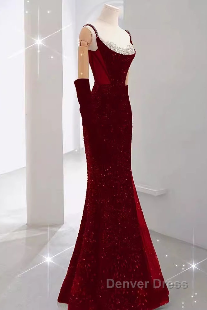 Mermaid Straps Sequin Red Backless Long Prom Dresses Secondary image