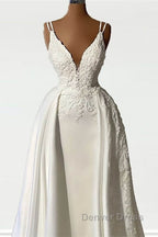 Mermaid Straps V Neck Appliques Satin Wedding Dresses