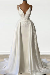 Mermaid Straps V Neck Appliques Satin Wedding Dress