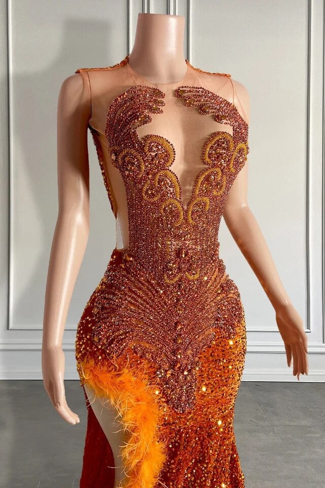 Mermaid Style Burnt Orange Sequins Prom Dress With Side Slit Long Length Beadings And Feathers Secondary image