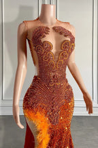 Mermaid Style Burnt Orange Sequins Prom Dress With Side Slit Long Length Beadings And Feathers