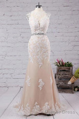 Mermaid Sweep Train Open Back Tulle Prom Appliques Wedding Dress