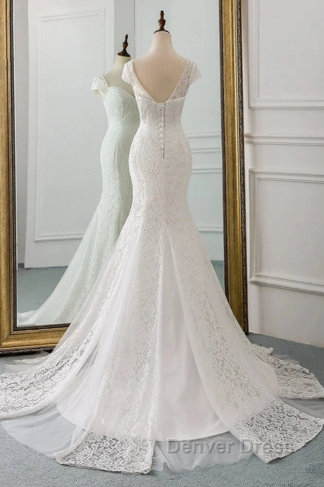 Mermaid Sweetheart Lace Long Wedding Dresses Bride Gowns Cap Sleeves Secondary image