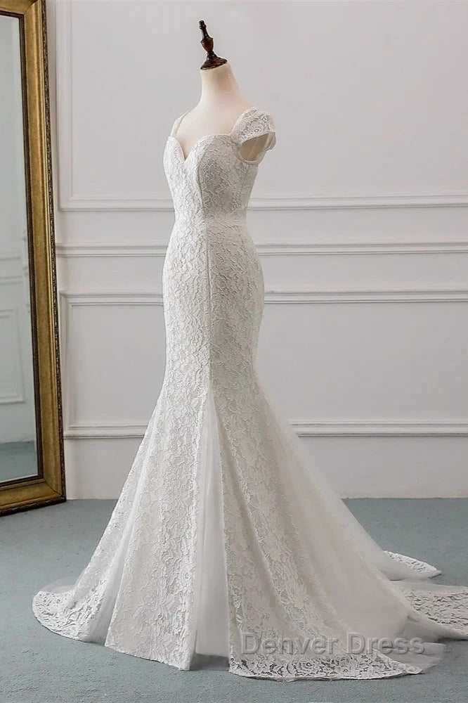 Mermaid Sweetheart Lace Long Wedding Dresses Bride Gown Cap Sleeves